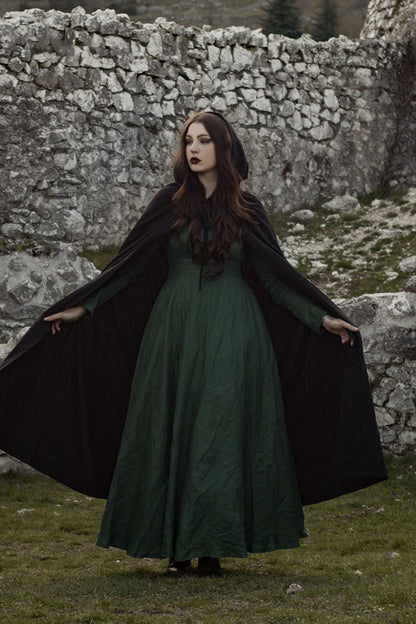 Army Green Linen Maxi Dress - Fitted Waist with Pockets 3463