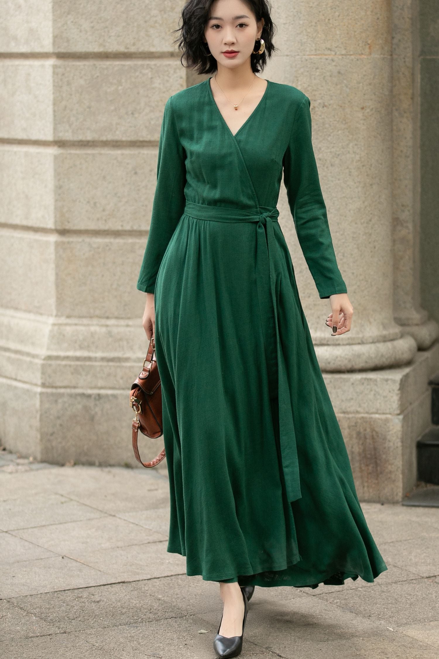 Green Linen Cotton Wrap Maxi Dress with Fitted Waist and Swing Skirt – Xiaolizi