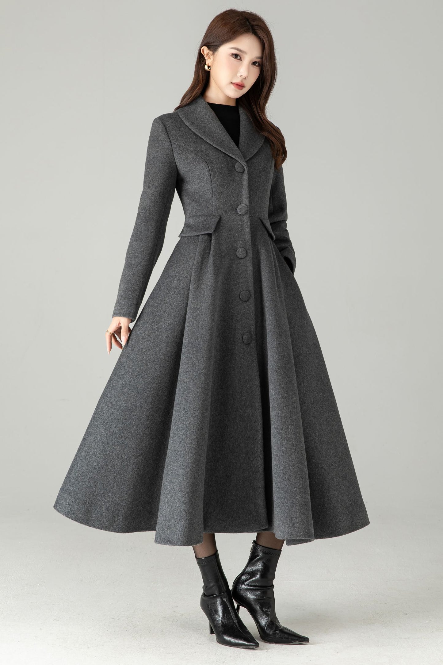 Gray Wool Maxi Coat – Single-Breasted Fit & Flare Long Winter Coat | Xiaolizi 6571