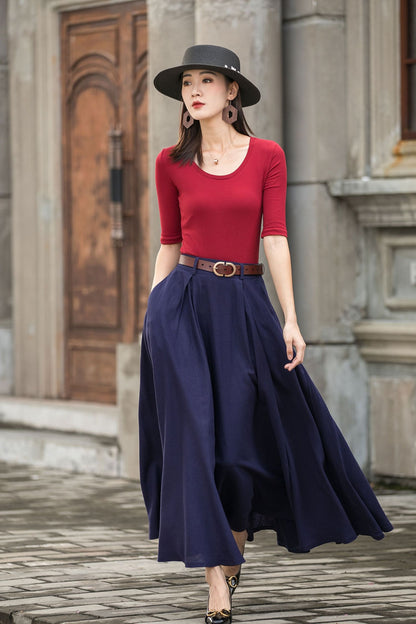 Navy a line Linen Maxi Skirt with Pockets  2778