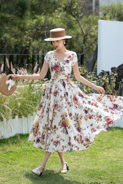 Floral Linen Cotton A-Line Midi Dress for Women 6738 - Size XS #CK2600264
