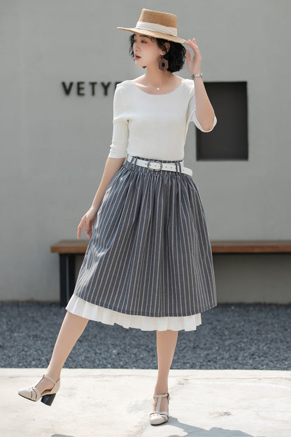 Xiaolizi Striped Linen Midi Skirt – Handmade High Waisted A-Line Summer Skirt 6686