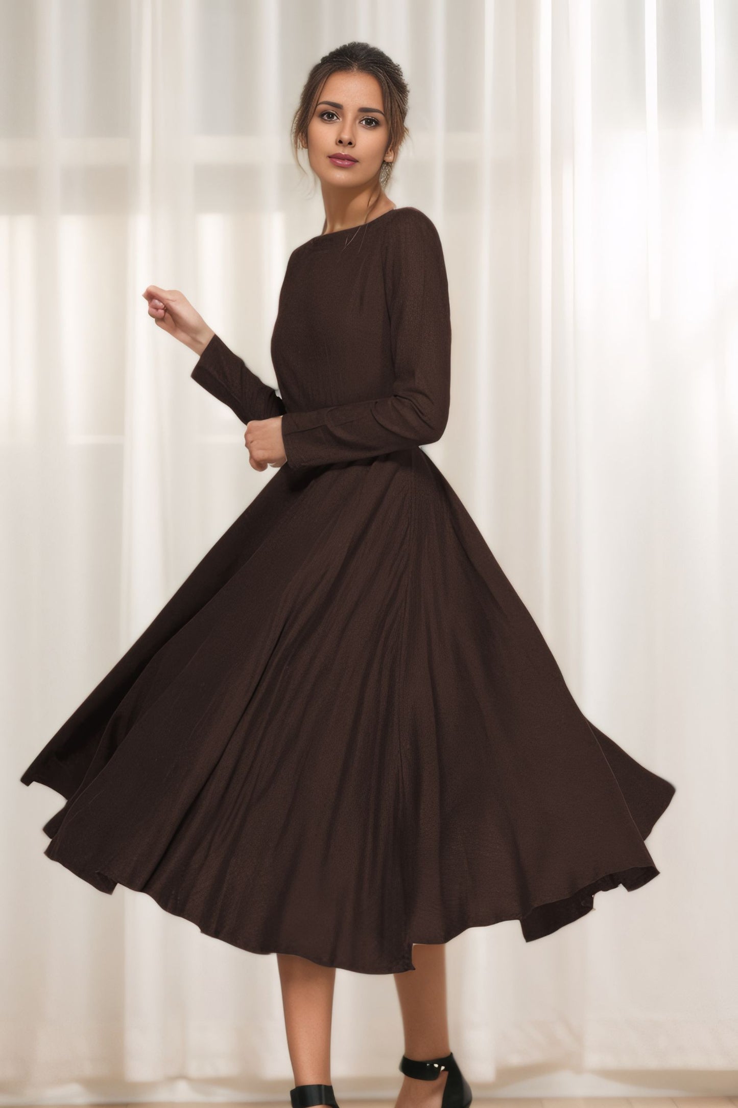 Elegant Brown Linen Cotton Dress – Boat Neck A-Line Midi | Xiaolizi 6314
