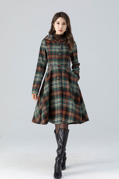 Plaid Wool Coat Midi Dress - Hooded Fit and Flare Winter Outerwear 4784