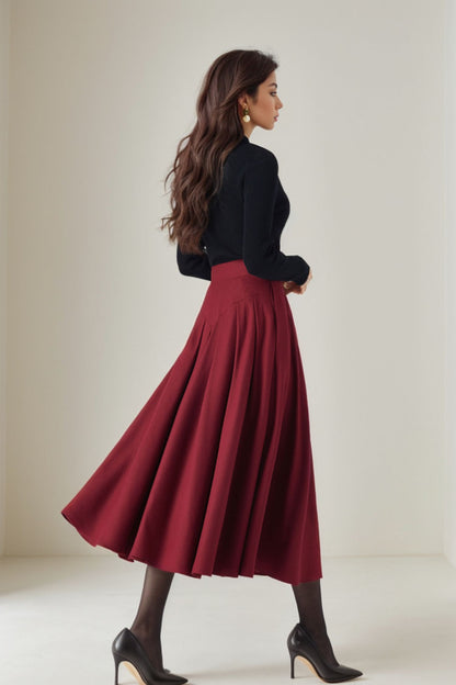 Burgundy Wool Midi Skirt - Pleated, High Waist Elegance 5248