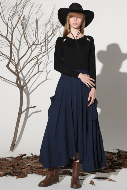 Navy Linen Maxi Skirt - Asymmetrical Ruffle Hem with Pockets 1157
