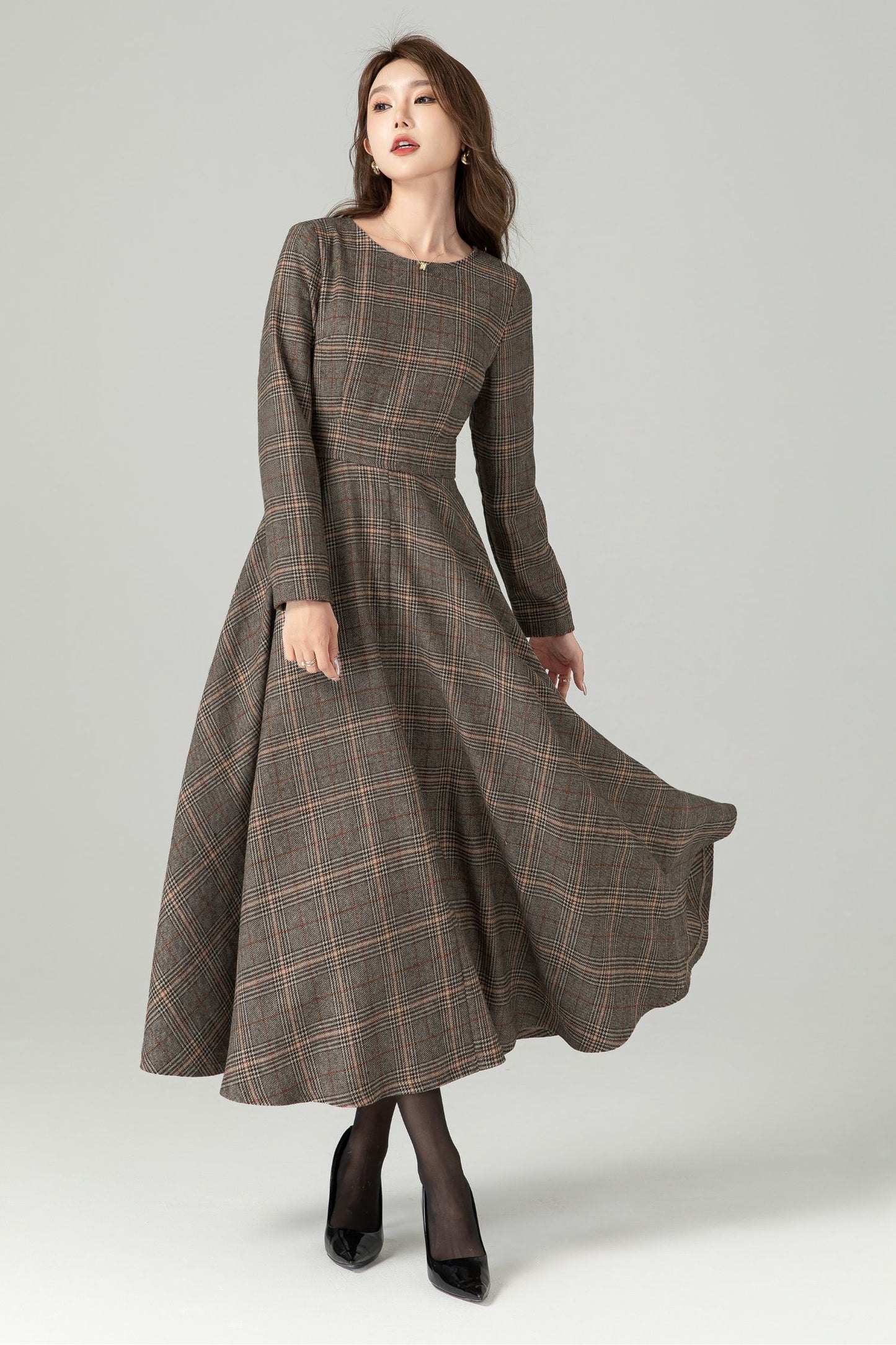 Plaid maxi winter wool dress 5446