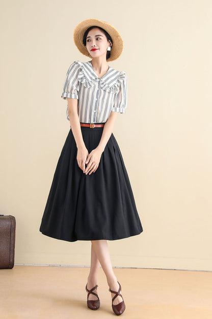 Black A Line pleated Midi Circle Skirt with Pockets 2785  Xiaolizi