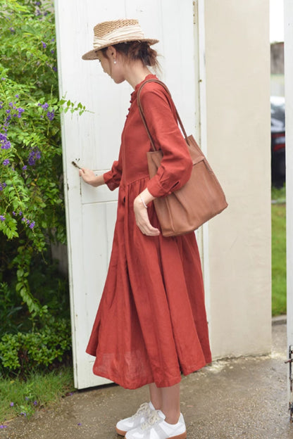 Rust Linen Midi Dress - Loose Fit, Button Front 4817
