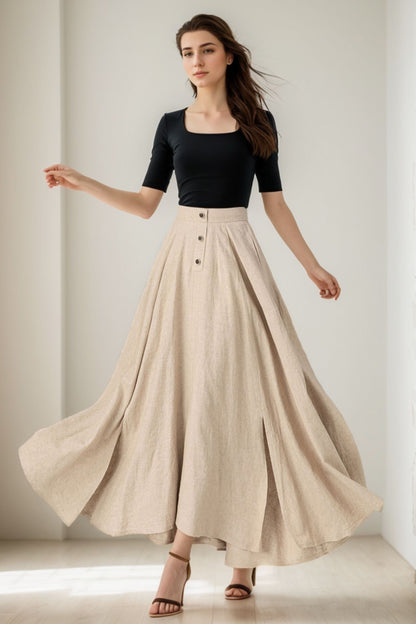 A line beige maxi linen skirt women 5069