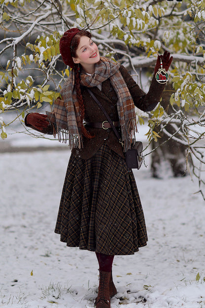 Brown Plaid Wool Midi Skirt – Vintage High Waist Circle Skirt with Pockets 4781