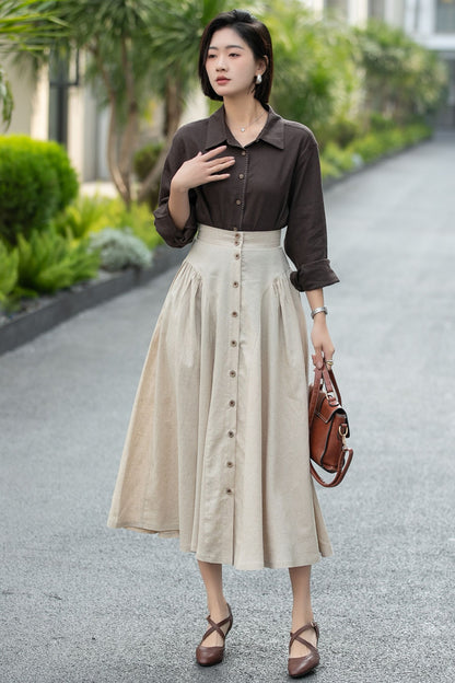 Beige Linen Midi Skirt – High Waist A-Line Button Front Skirt 6666