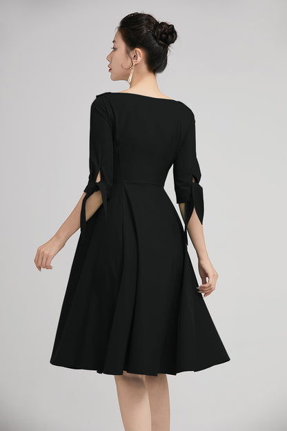 Xiaolizi Black Swing Dress – Vintage Lapel Collar Knee Length Cocktail Dress 6348
