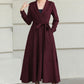 Burgundy Wool Wrap Midi Dress — Elegant Tie‑Waist A‑Line for Office 6512