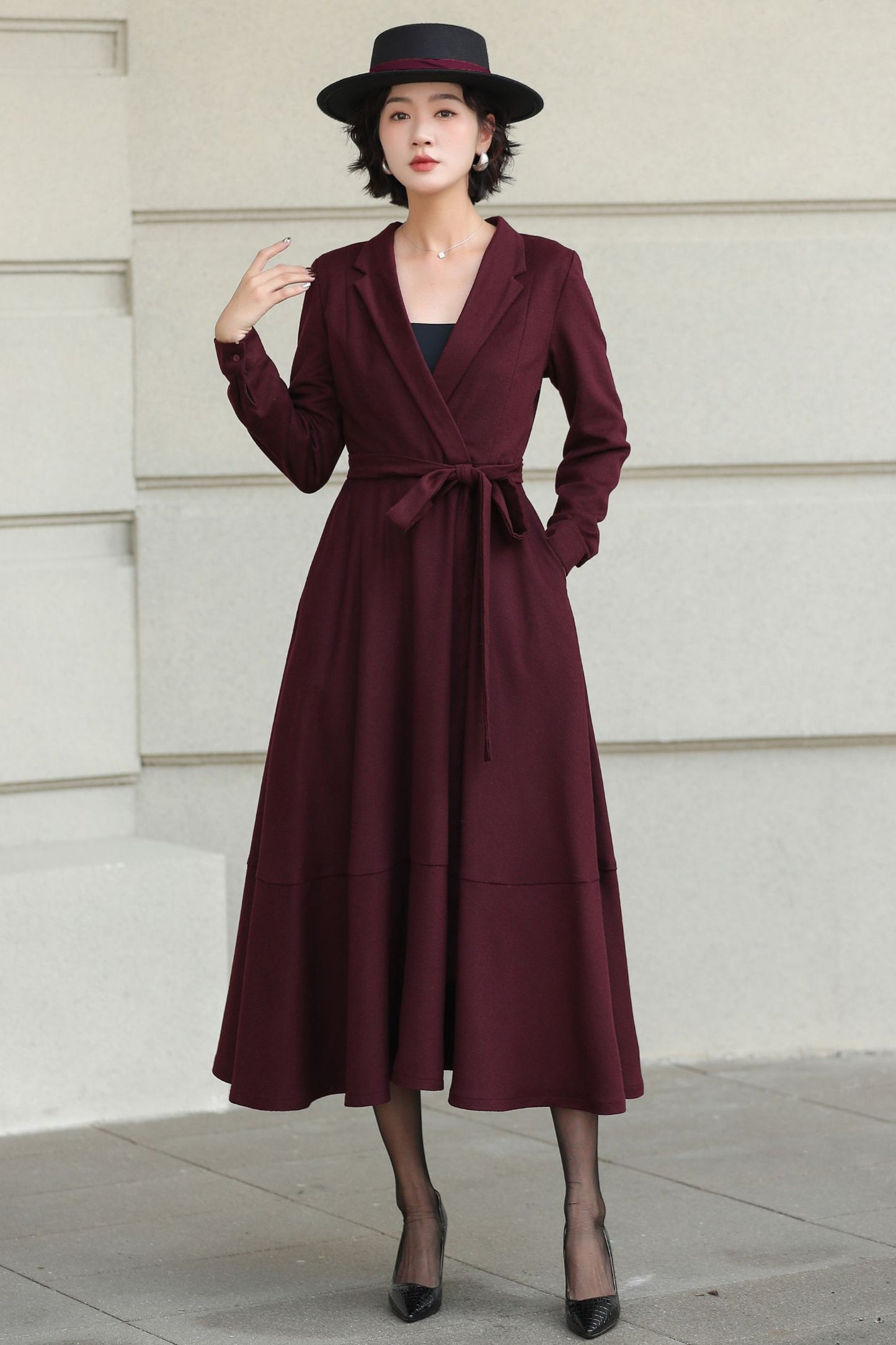 Burgundy Wool Wrap Midi Dress — Elegant Tie‑Waist A‑Line for Office 6512