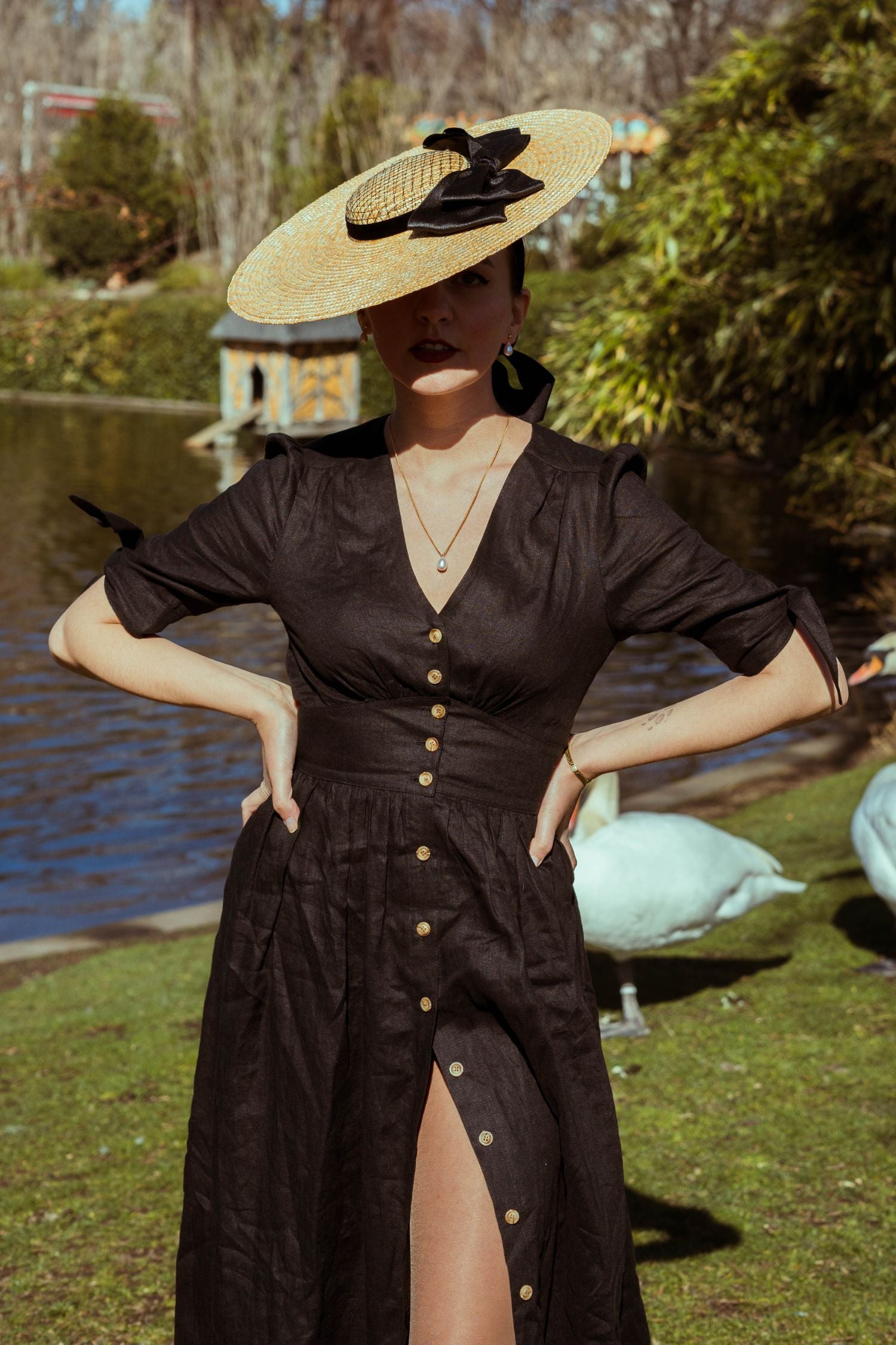 Black v neck Linen Dress 5207 Xiaolizi Black v neck Linen Dress 5207 Xiaolizi