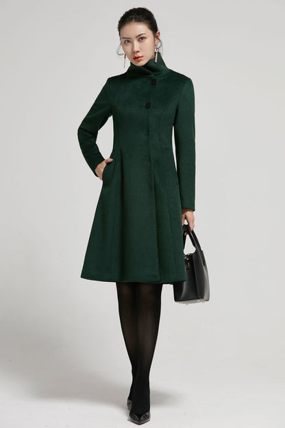 Emerald Green Wool A-Line Winter Coat - Vintage Stand Collar 2313