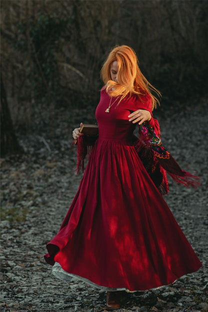 Burgundy Linen Cotton Maxi Dress - Pleated Waist & Lantern Sleeves 5105