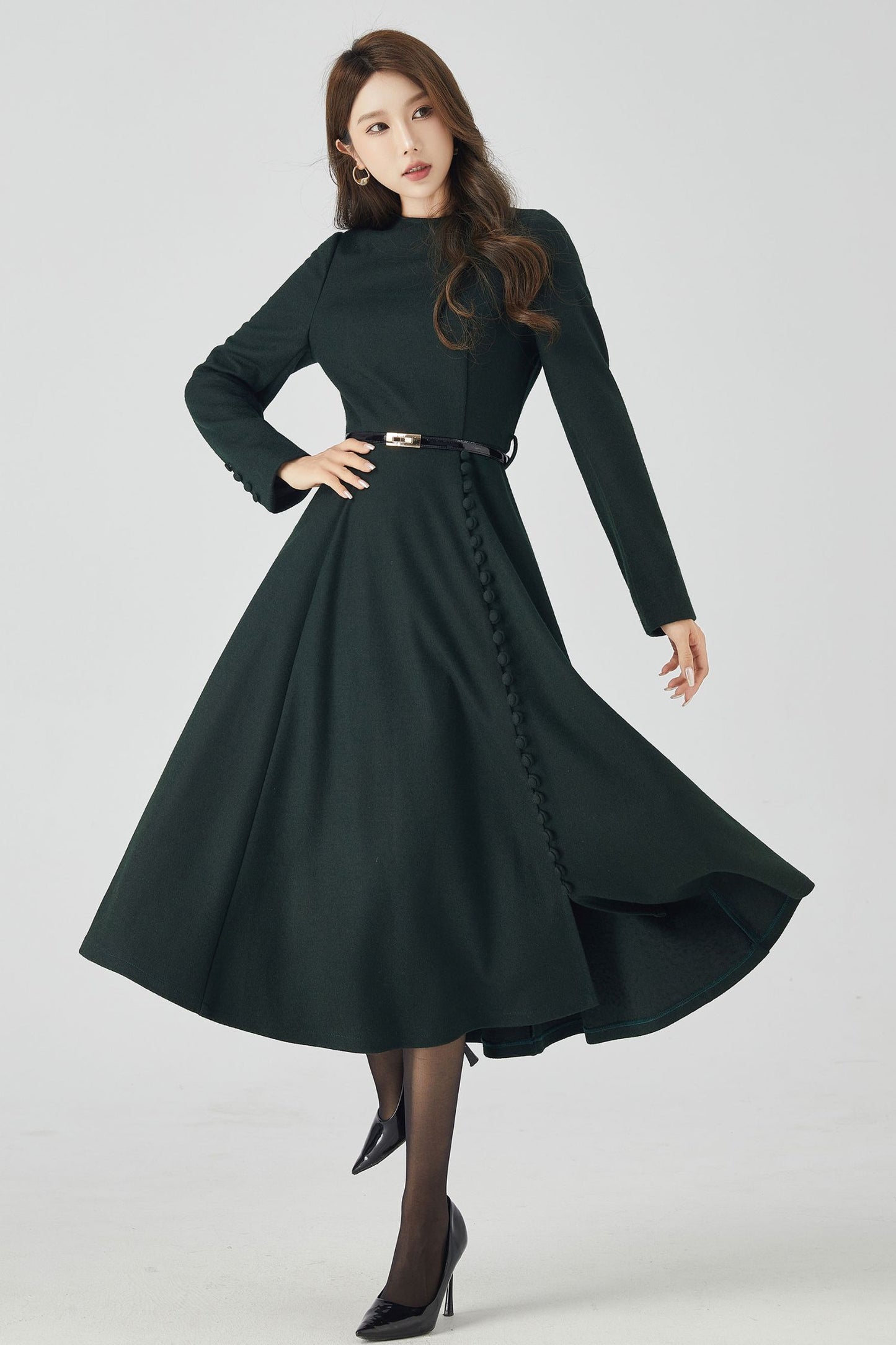 Dark Green Winter Long Wool Dress 4522