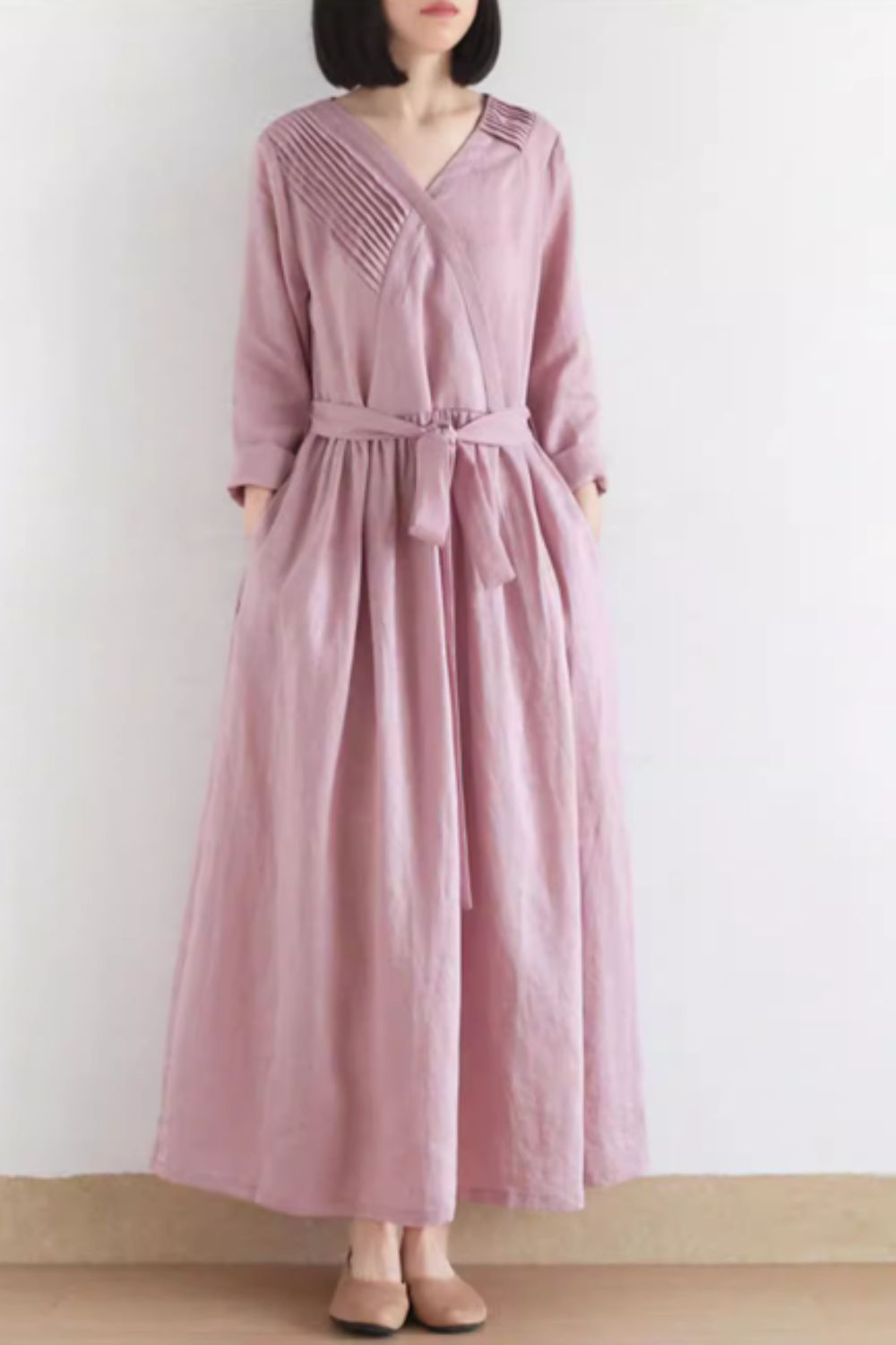 Maxi pink linen dress with tie belt waist 4831