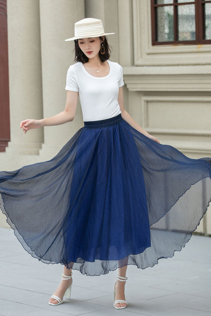 Blue Chiffon Midi Skirt - A-Line Swing with Elastic Waistband 5109