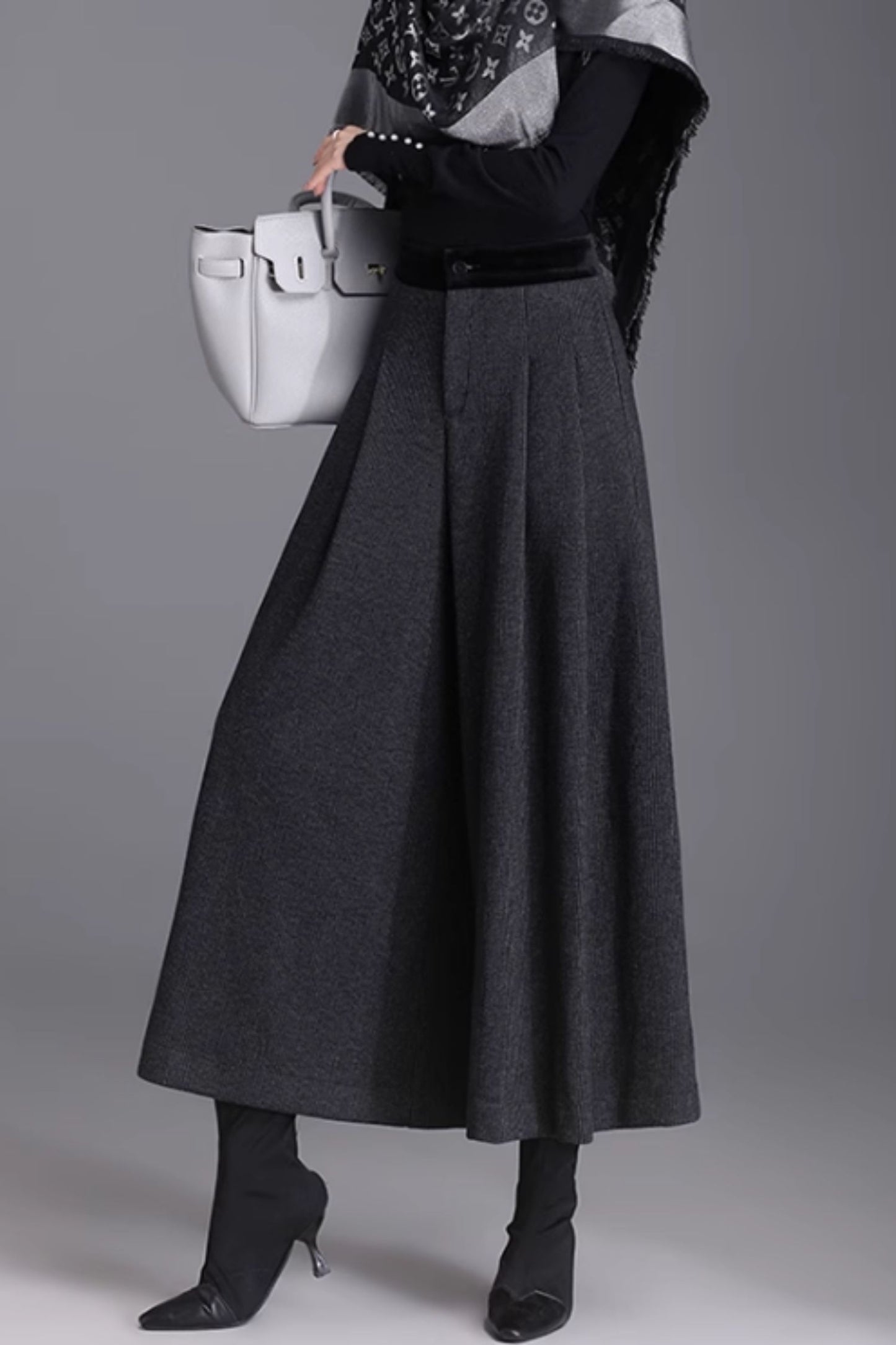 Gray Wool Wide Leg Pants - Warm Midi Length with Pockets 6368