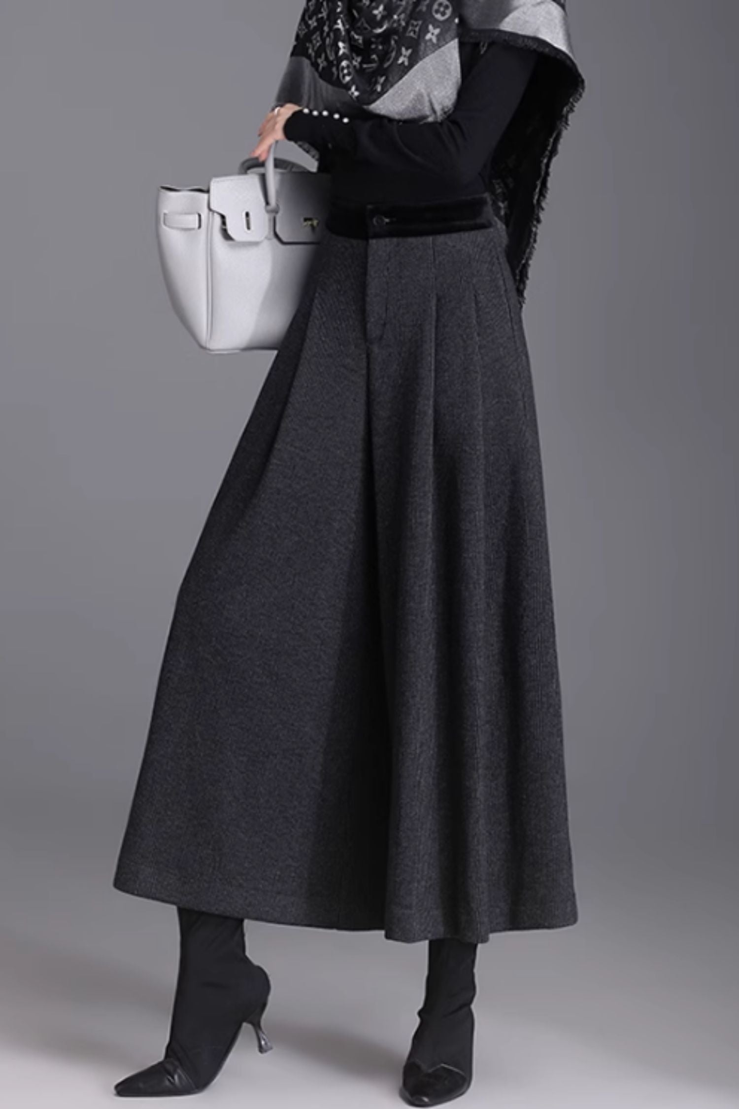 Gray Wool Wide Leg Pants - Warm Midi Length with Pockets 6368