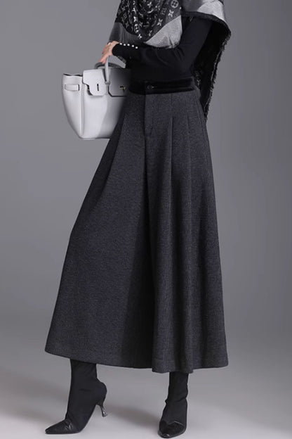 Gray Wool Wide Leg Pants - Warm Midi Length with Pockets 6368