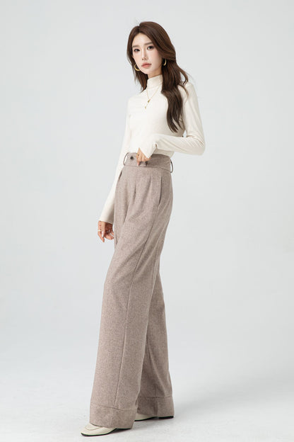 Handmade Beige Wool Wide-Leg Pants – Vintage High-Waist Winter Trousers | Xiaolizi 5324