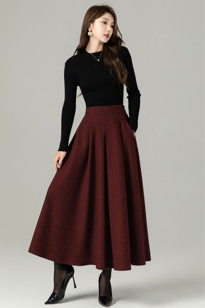 Burgundy Wool Maxi Skirt – Vintage High Waist A-Line Winter Skirt with Pockets 5227