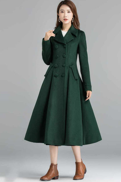 Elegant handmade green wool overcoat with lapel collar