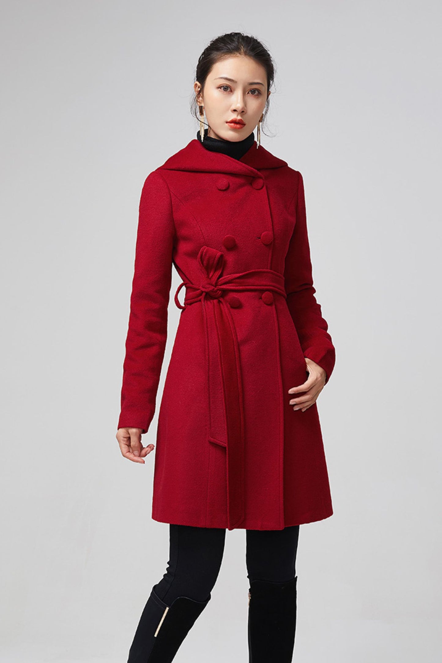 Women's Hooded Wool Coat - Double Breasted Red Winter Coat 5612