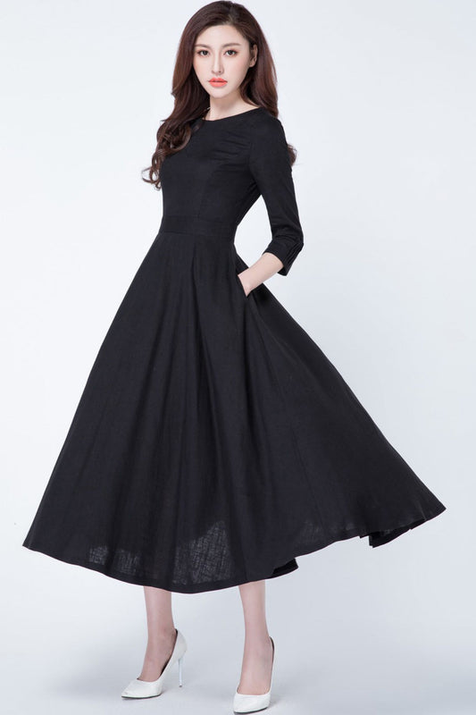 Women's fit and flare Midi black linen dress 1728