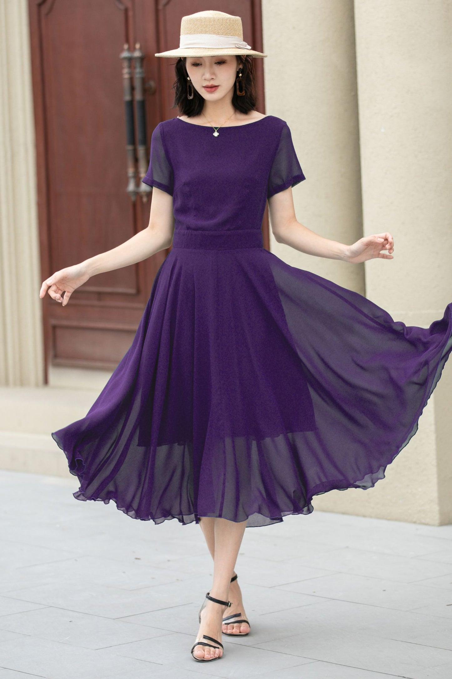 Midi fit and flare summer swing chiffon dress 6106