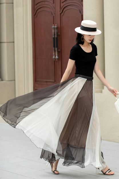 Black and Beige Chiffon Maxi Skirt - Bohemian A-Line Swing 5106