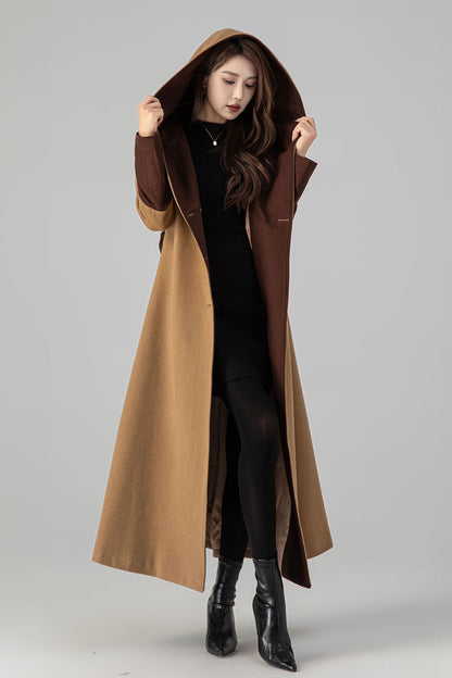 Camel Wool Trench Coat - Hooded, Two-Tone Contrast Cuffs 4505