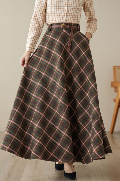 Elegant Plaid Wool Blend Skirt – Handmade Brown Full Winter Maxi | Xiaolizi 4620
