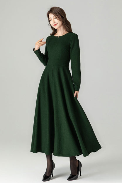 Dark Green Wool Dress – Handmade Fit & Flare Winter Maxi with Pockets | Xiaolizi 5231