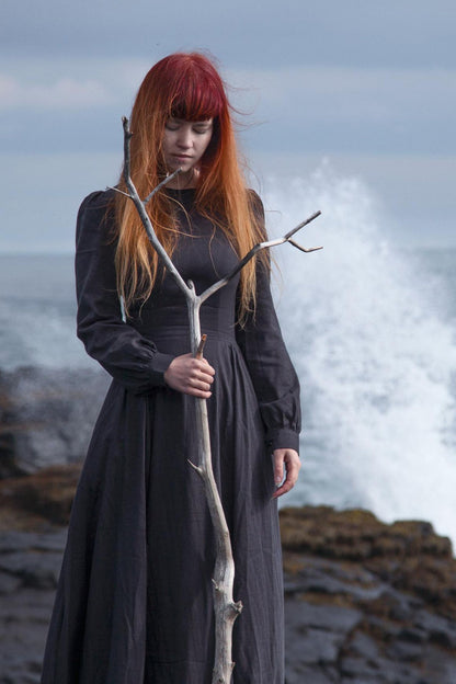 Charcoal Grey Linen Cotton Maxi Dress - Pleated Waist, Lantern Sleeves 2871