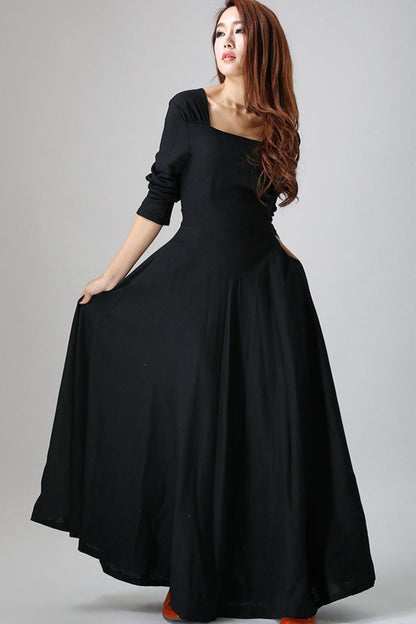 Long sleeve Maxi Black Linen Dress -LBD 793