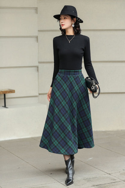 Plaid Wool Midi Skirt - Pleated Circle Silhouette with Elastic Waist 6422