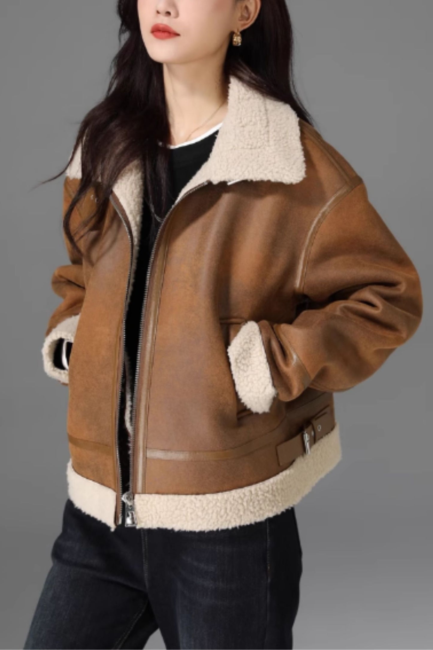 Women Brown Shearling Suede Leather Jacket 5473