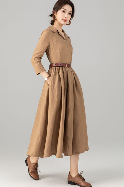 Khaki Linen Midi Shirt Dress - Pleated Fit and Flare Elegance 5707