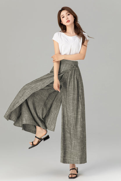 Gray Linen Wide Leg Wrap Pants - Flowing Tie Waist Detail 5749