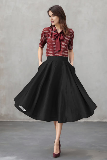 Black Linen Midi Skirt - High Waist A-Line | Xiaolizi 6753