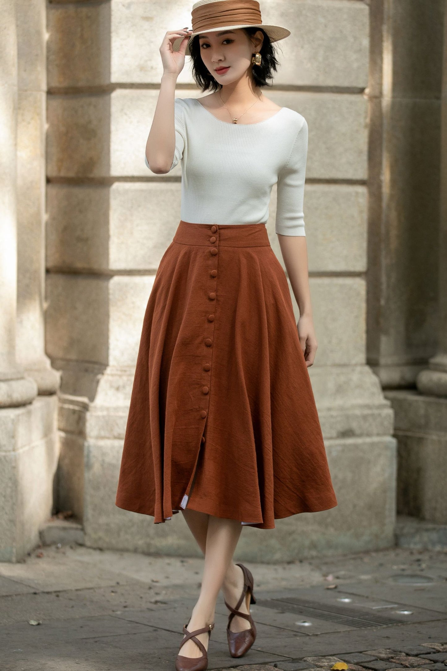 Button Down Midi Linen Skirt 5689