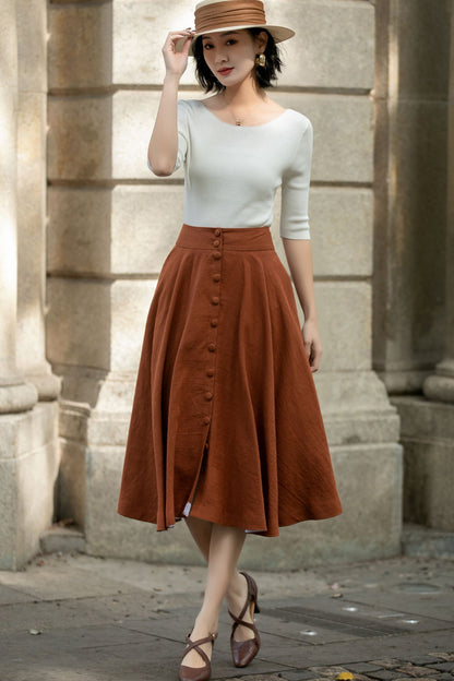 Handmade Linen Midi Skirt – Rust Brown Button Front Swing Skirt | Xiaolizi 5689