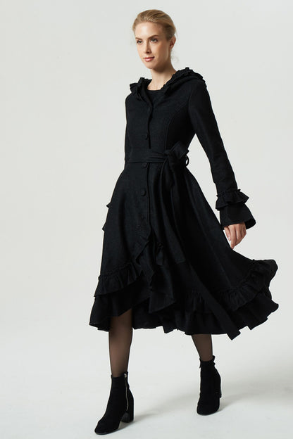 Black Wool Blend Long Coat - Ruffle Hood Belt Dipped Hem | Xiaolizi 1970
