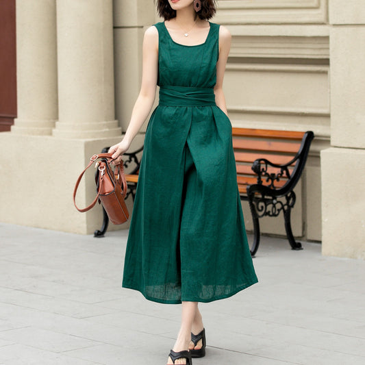 Green Sleeveless summer linen dress 4968