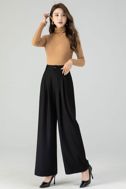 Black wide leg long wool pants women 4555